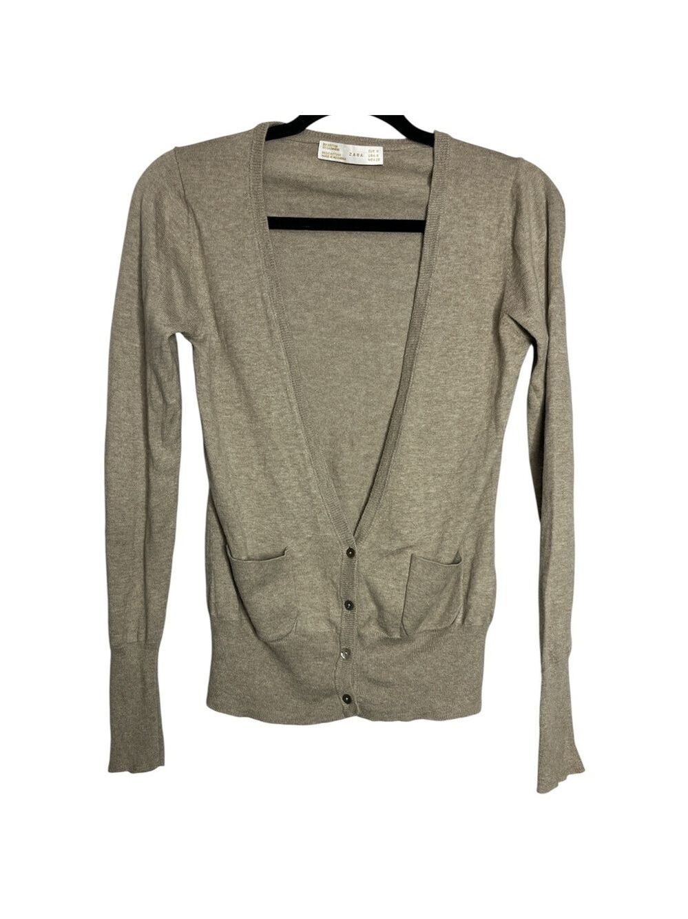 Zara Knit Cotton Cashmere Tan Button down V Neck Cardigan, size S
